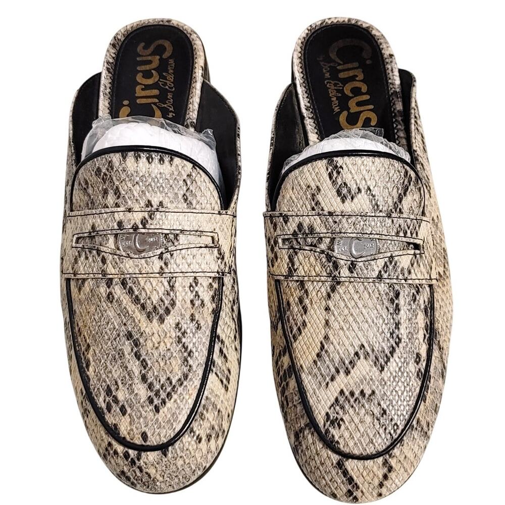 Sam Edelman Circus Hal Faux Snakeskin Flat Slides Close Shoes Cream Black US 6.5